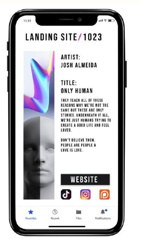 SITE:1023 companion app mockup showing artist Josh Almeida's Only Human artwork