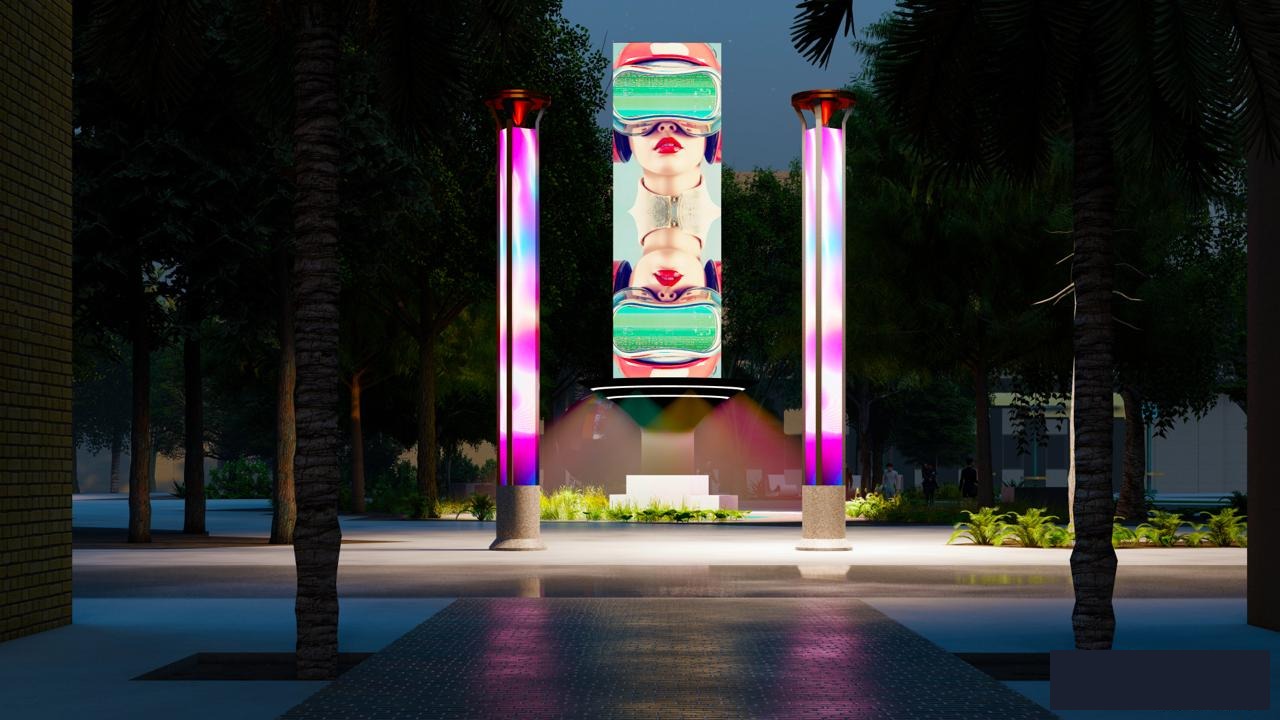 SITE:1023 LED art tower with Tuning Node columns at Heritage Square, Downtown Orlando
