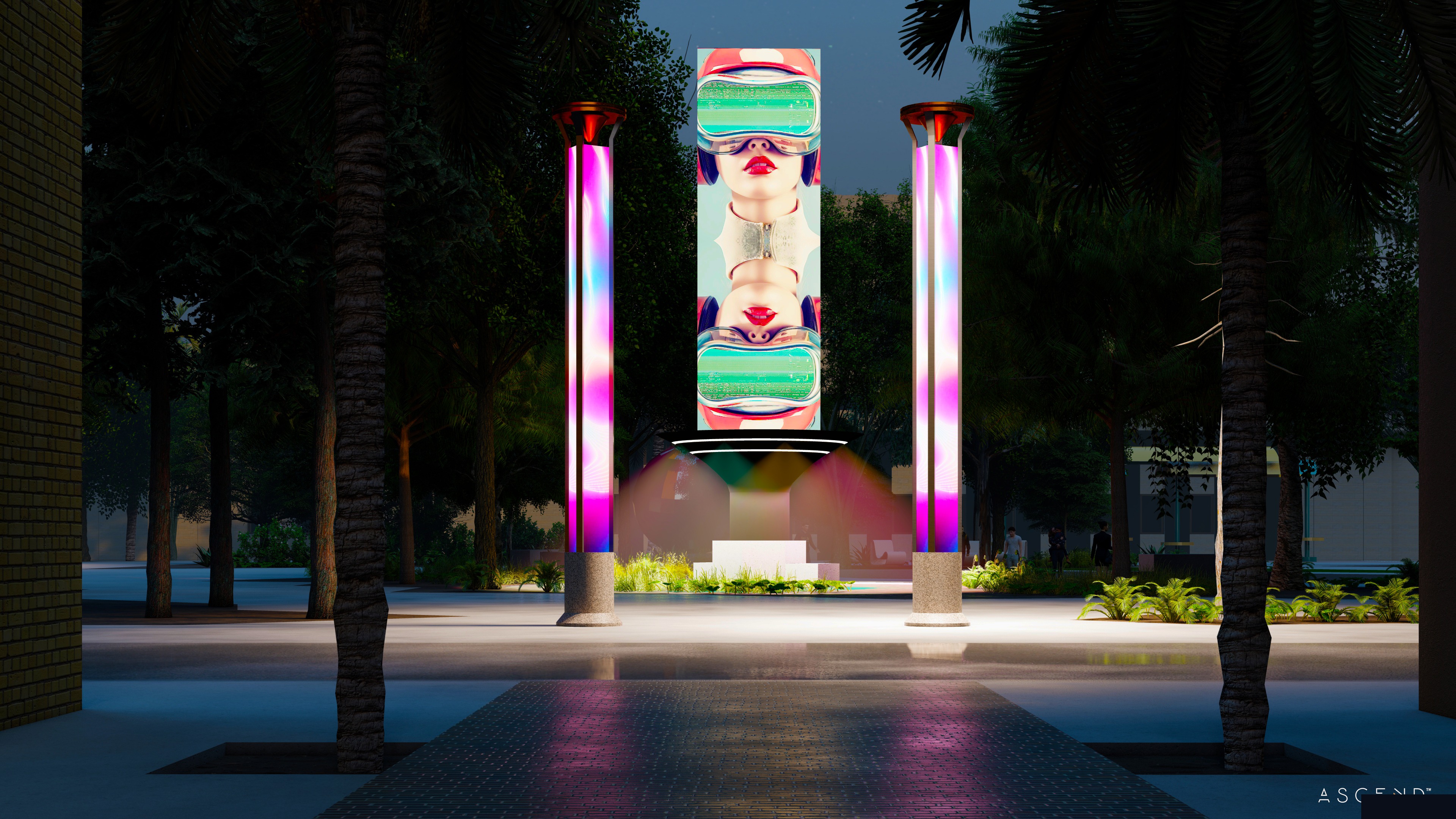 SITE:1023 nighttime walkway with LED screen and art columns