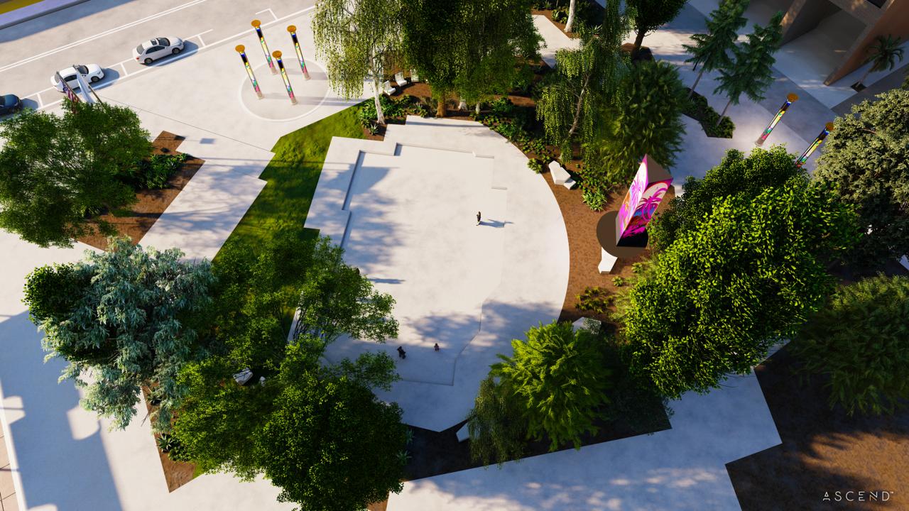 SITE:1023 daytime aerial view of Heritage Square with LED tower