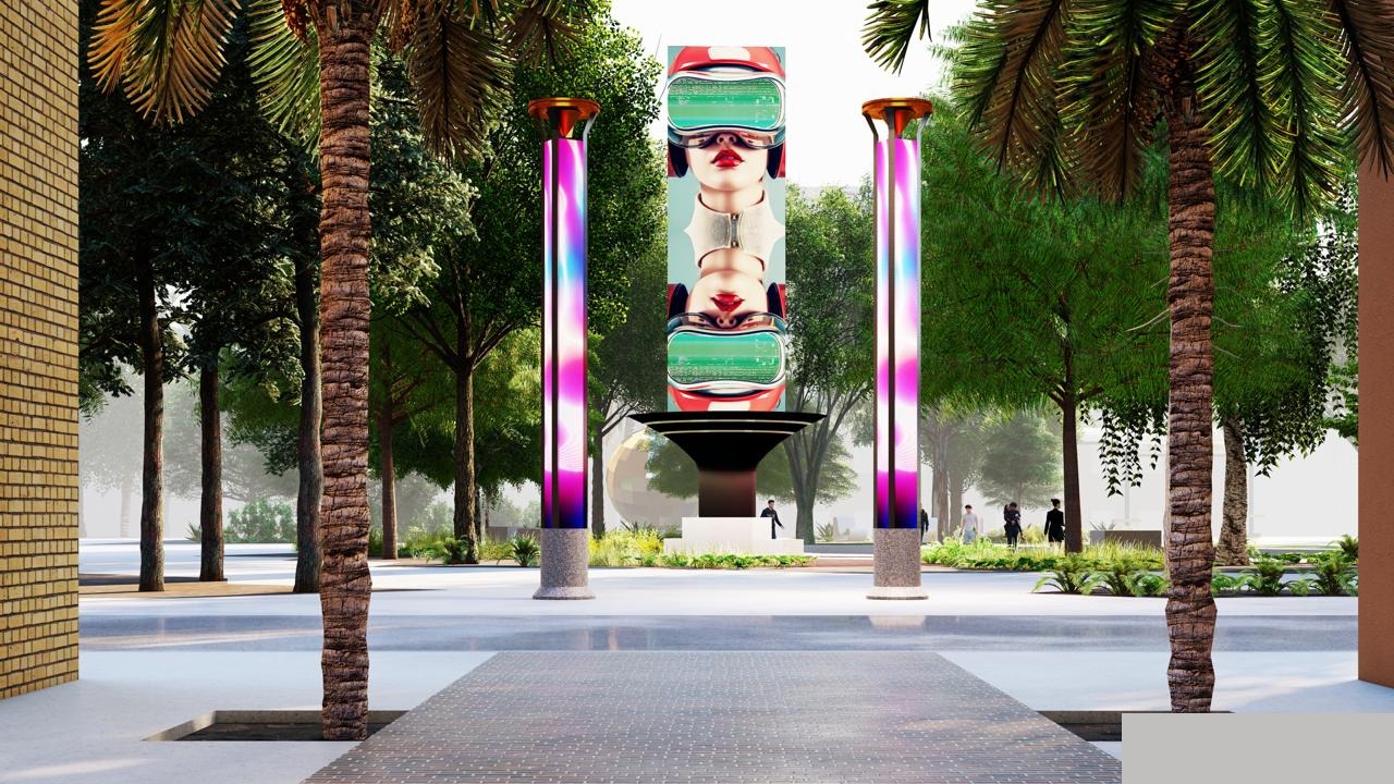 SITE:1023 daytime rendering of LED tower and Tuning Node columns in Heritage Square