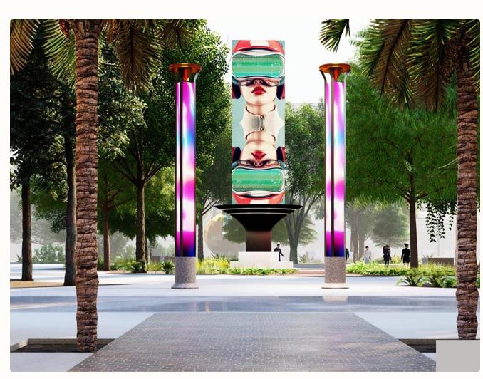 SITE:1023 LED tower with VR face artwork flanked by illuminated columns, Heritage Square