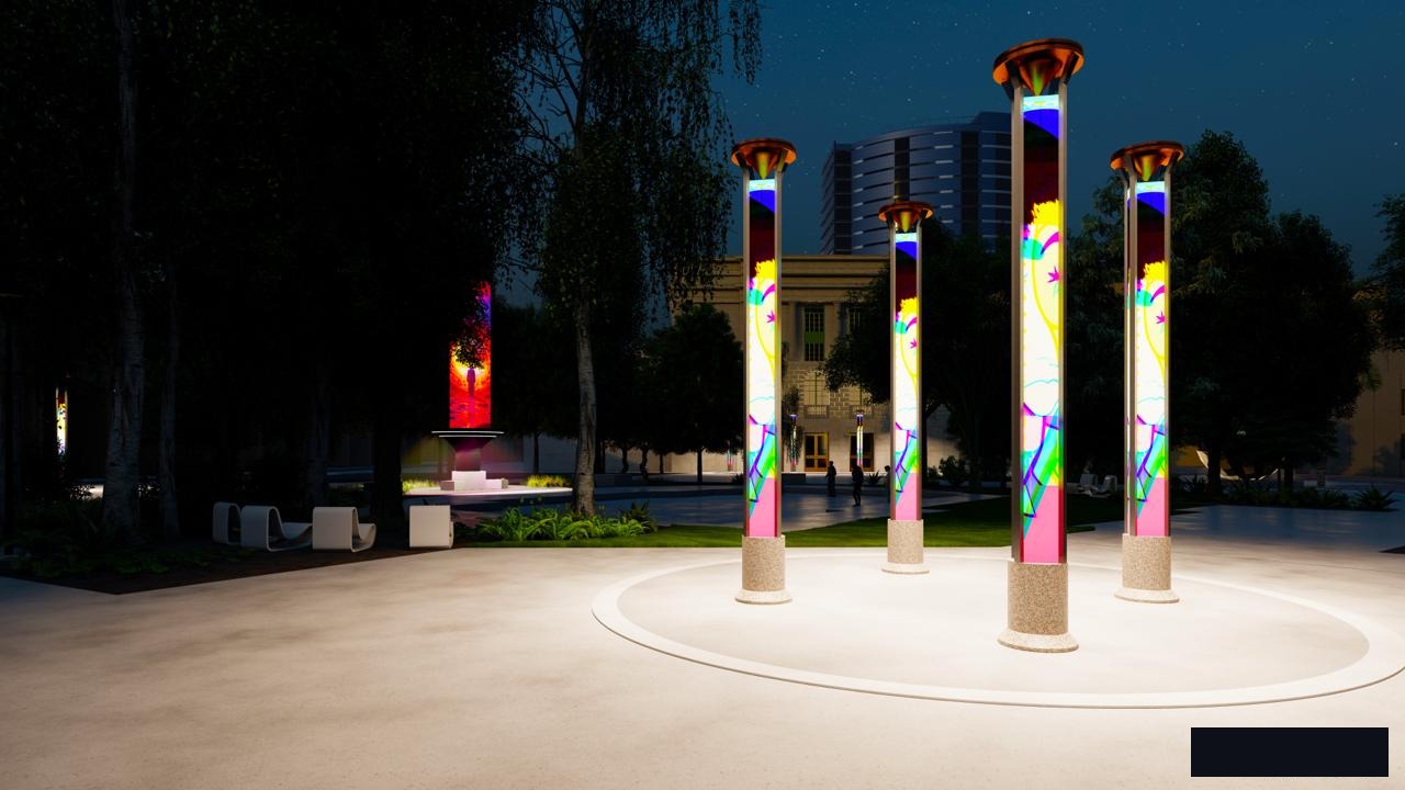 SITE:1023 Tuning Nodes LED columns displaying colorful art at Heritage Square