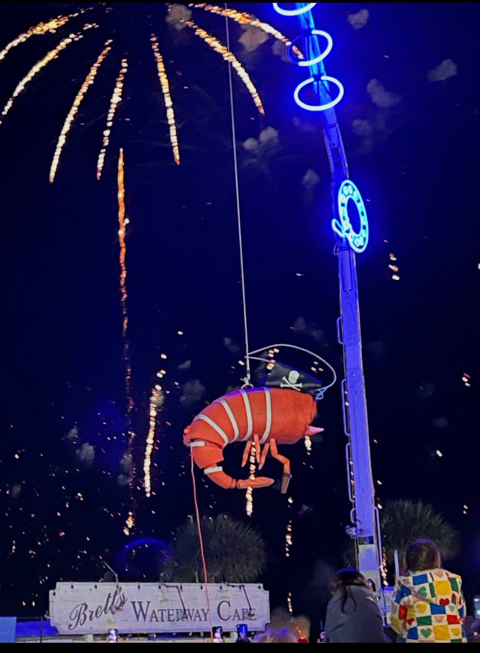 Shrimpy LED pirate shrimp sculpture with fireworks