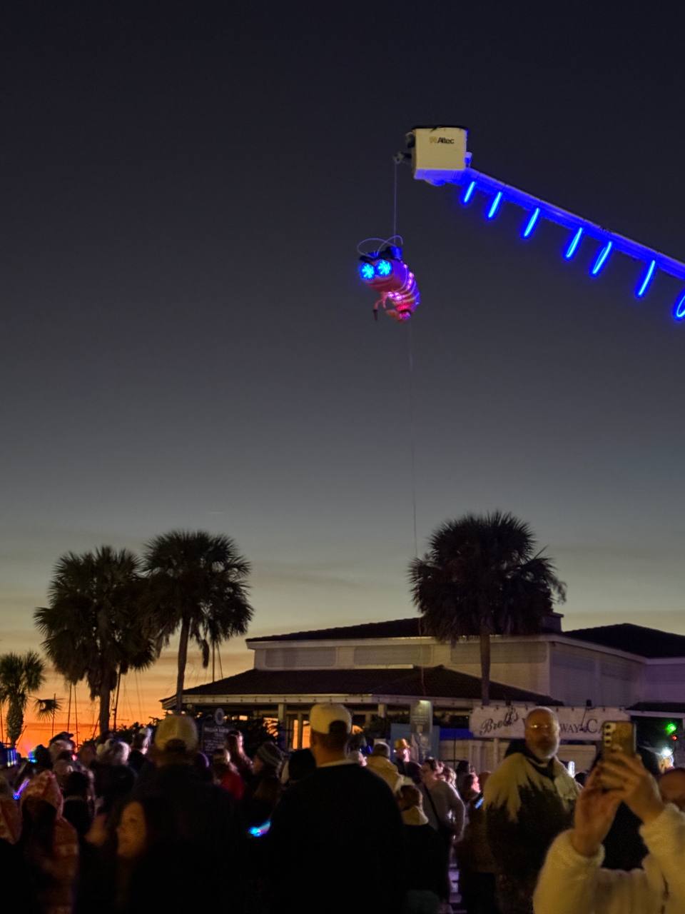 Shrimpy over Brett's Waterway Cafe at twilight with palm trees