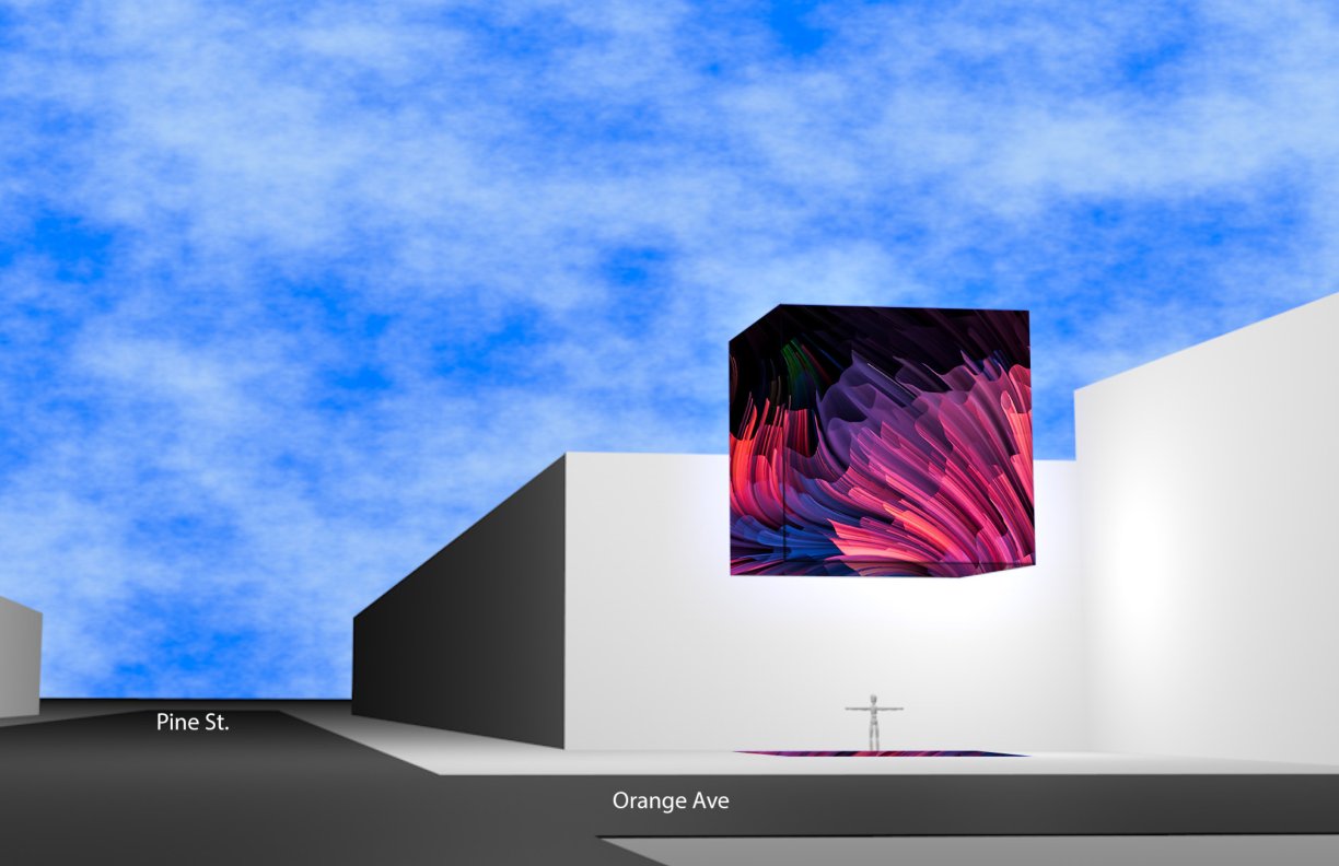 Street-level rendering of theCube hovering above the plaza