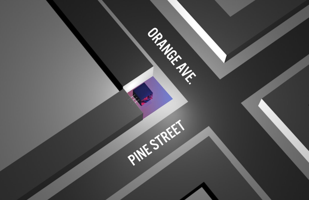 Aerial bird's eye view of the intersection with theCube installation at Orange Ave and Pine St