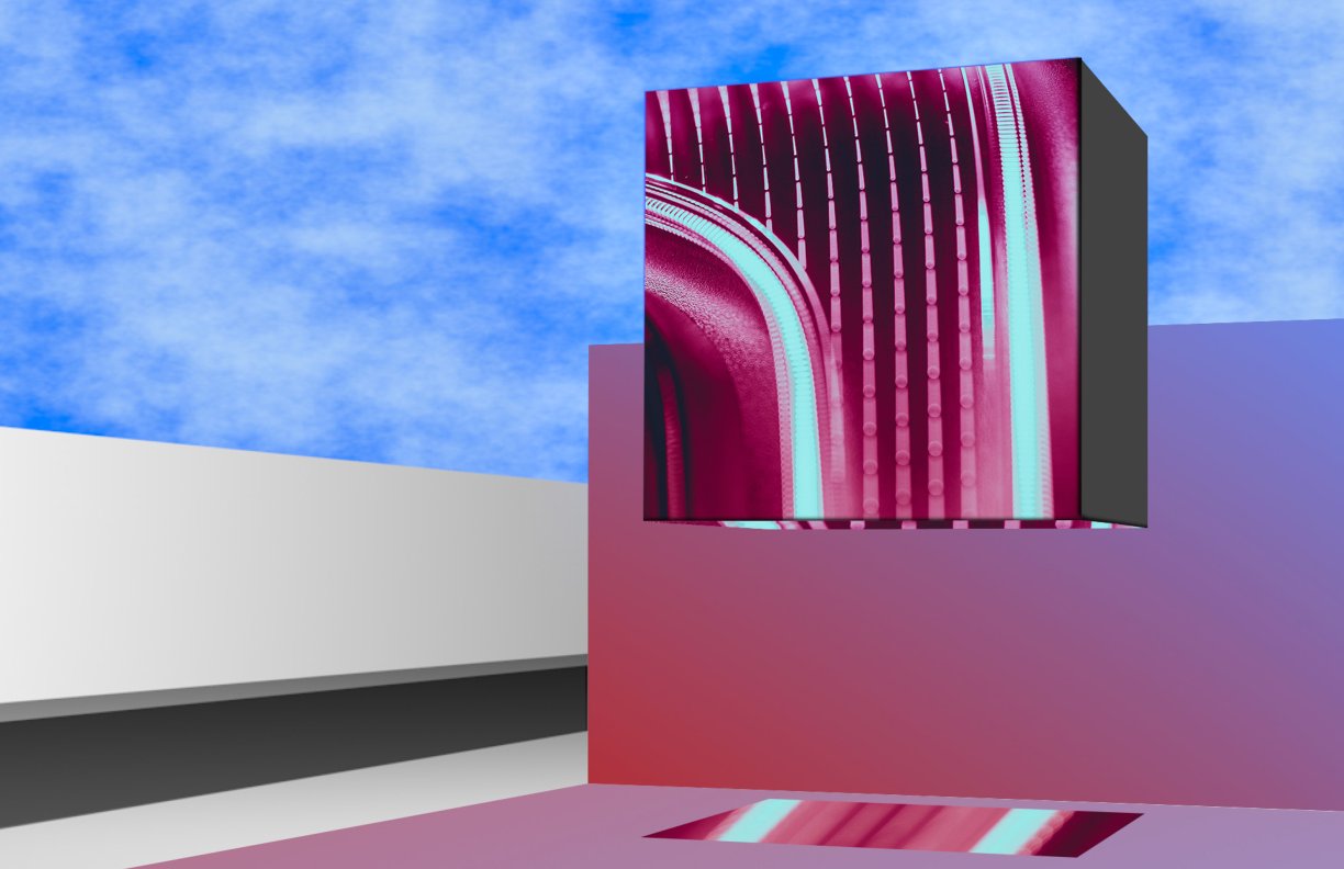 theCube art display with LED lights projecting pink and purple onto walls