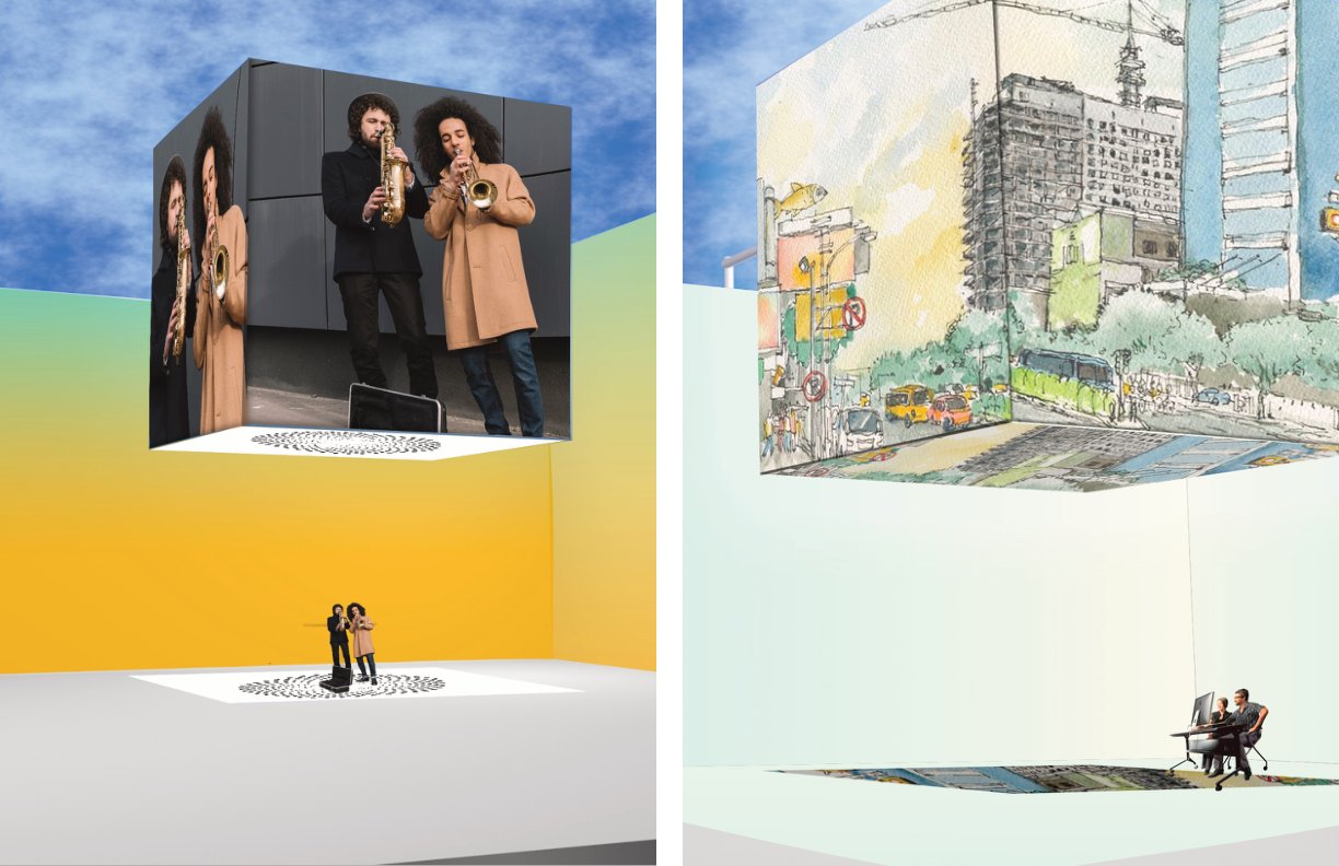 Two renderings showing live music performance and live digital art creation on theCube