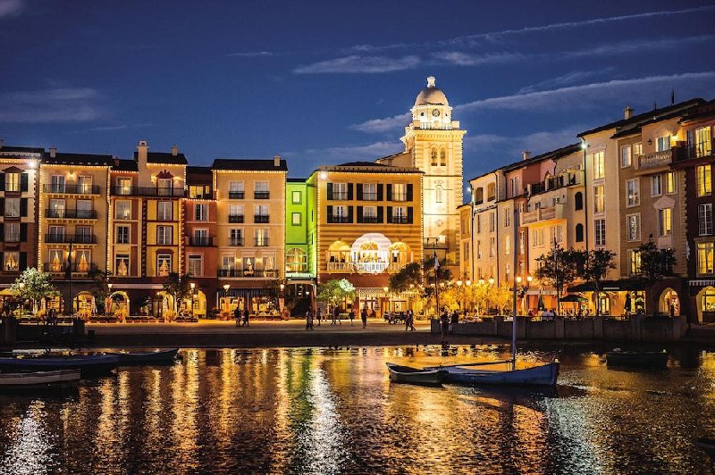 Portofino Bay Hotel at night. distributed audio and ballroom AV systems