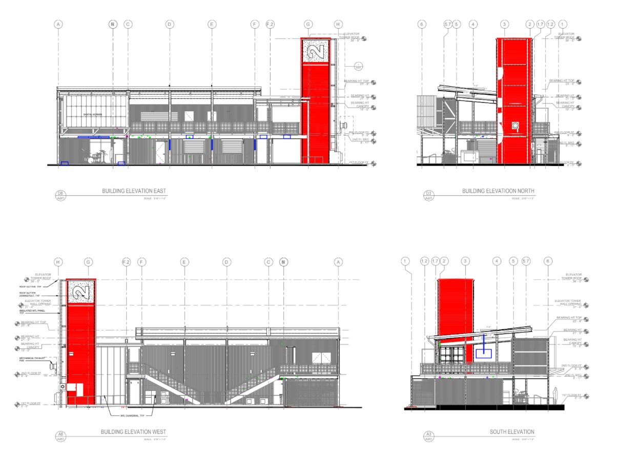 Art² building elevation drawings. all four sides