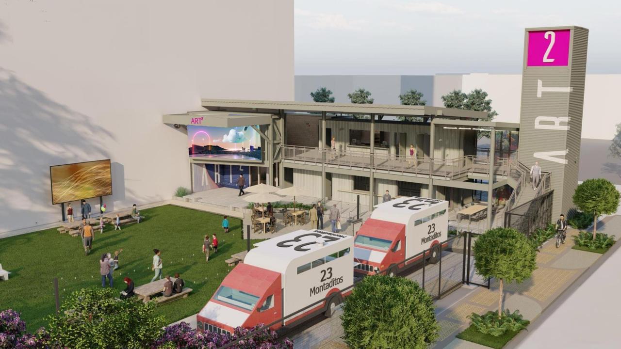 Art² Art Park. aerial rendering with LED screen and food trucks