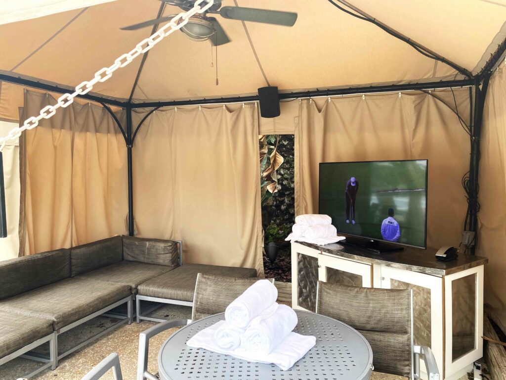 Resort pool with mosaic fountain